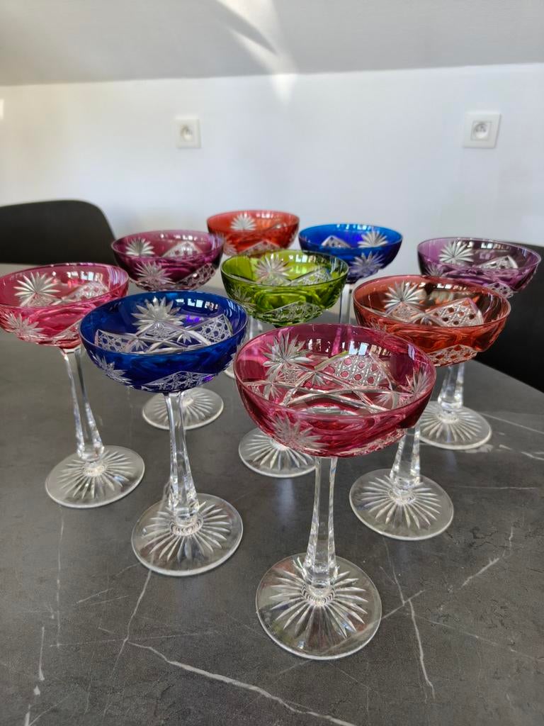 Val Saint Lambert - Zeldzame set van 9 hoge champagnecoupes, Antiek en Kunst, Ophalen of Verzenden