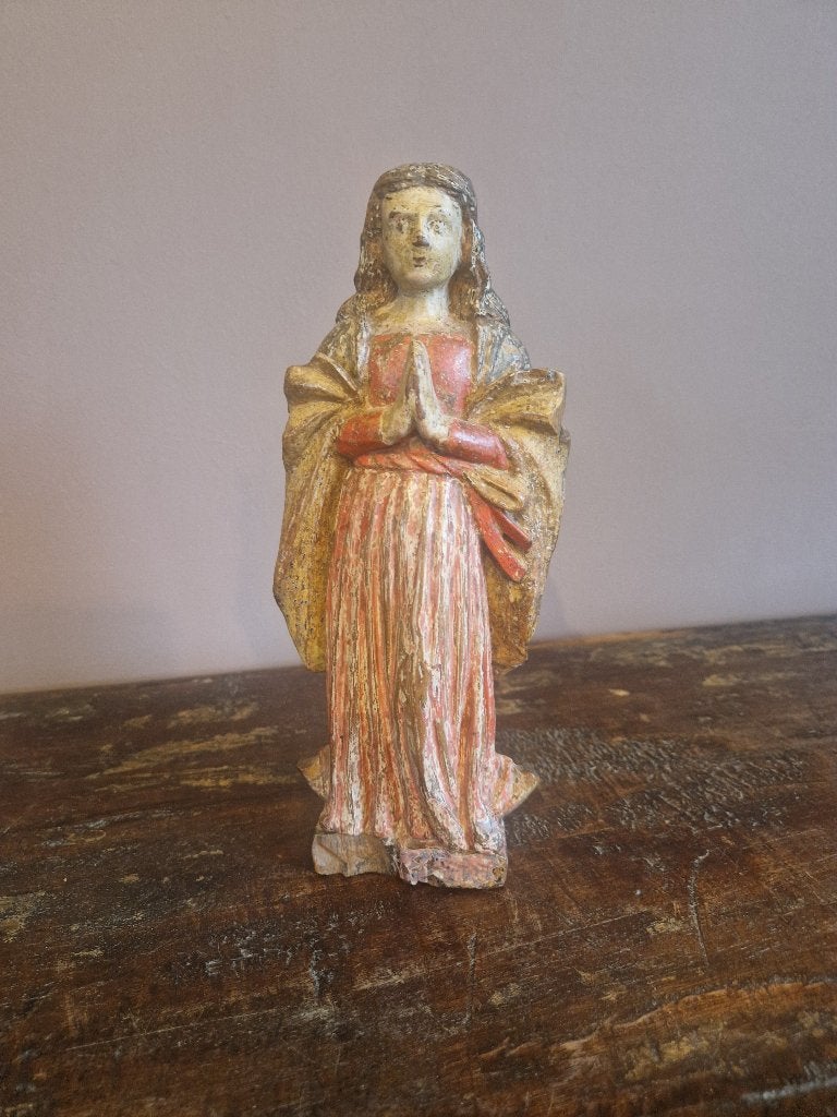 Polychroom beschilder houtgesneden Maria beeldje 18 eeuws, Antiek en Kunst, Ophalen of Verzenden
