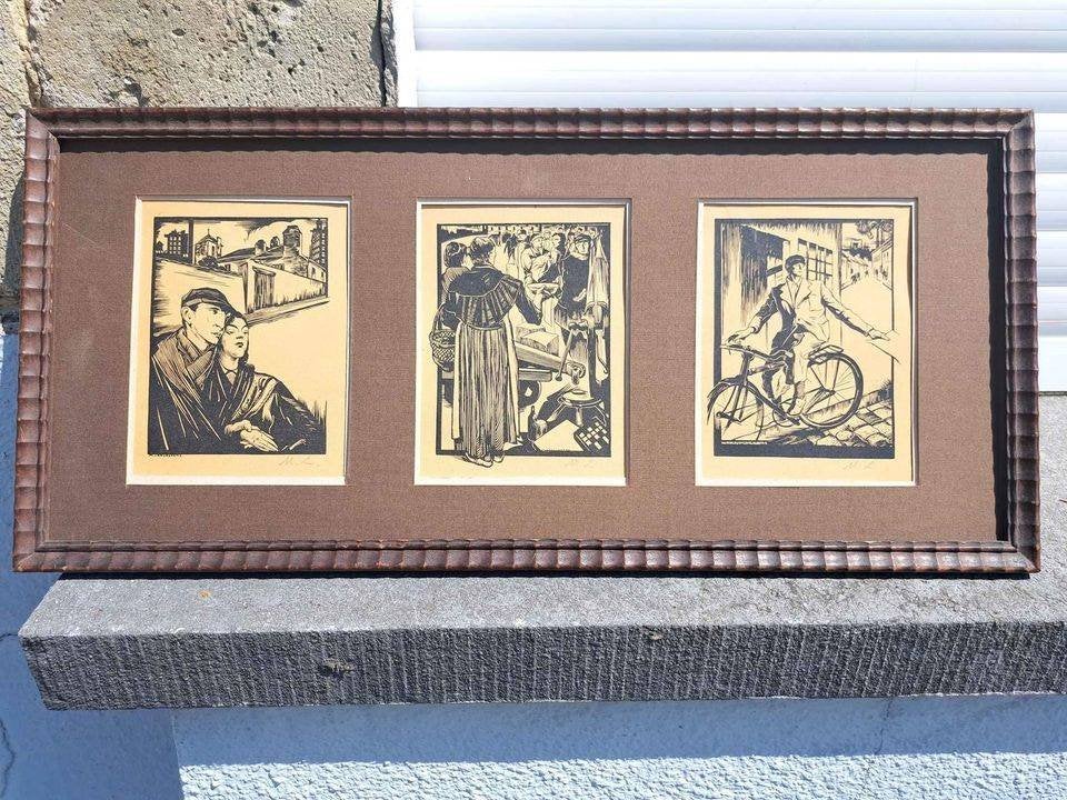 3 linogravures signe Maurice langaskens, Antiquités & Art, Art | Lithographies & Sérigraphies, Enlèvement ou Envoi, Lithographie