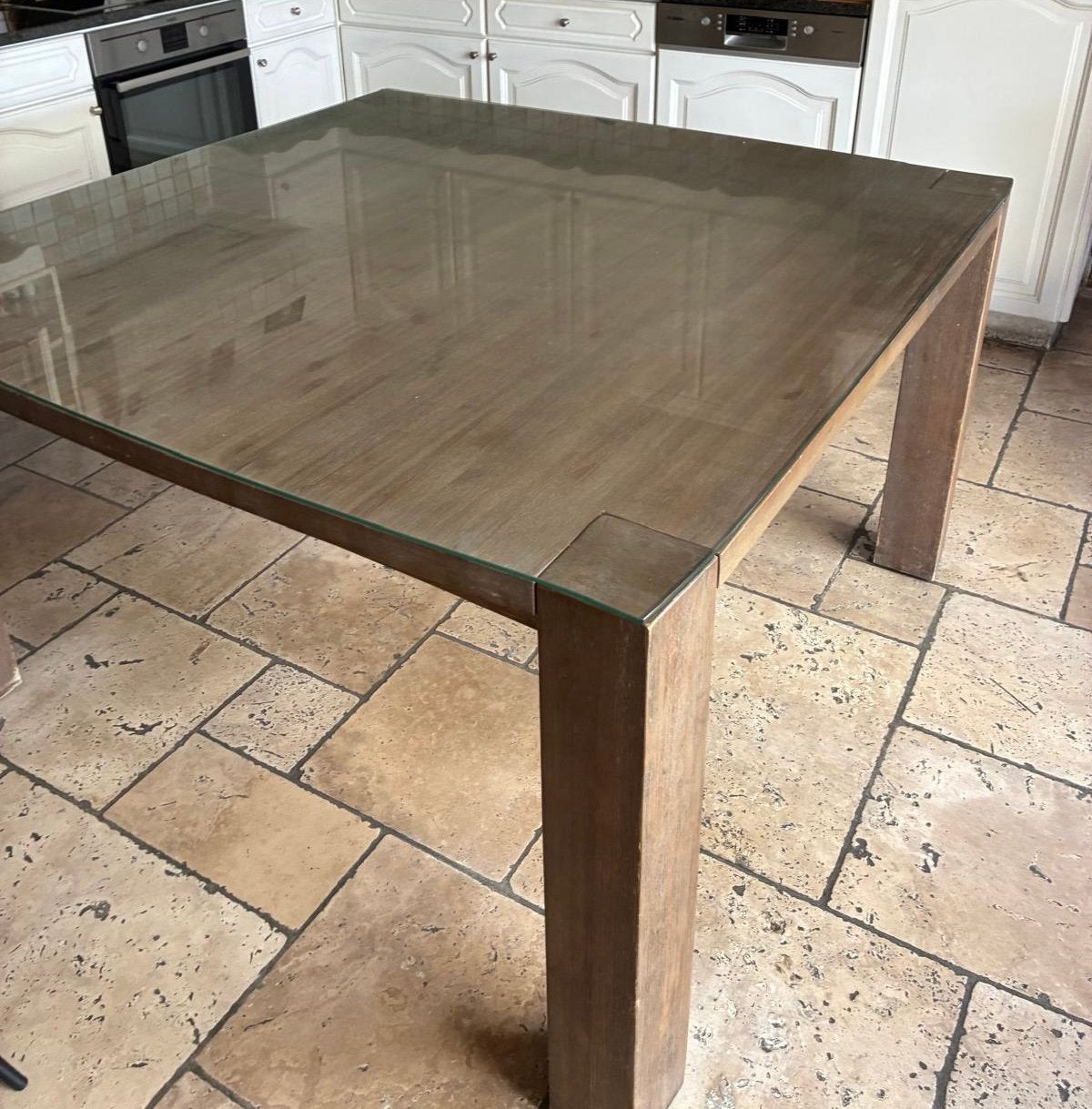 Vierkante houten tafel 8 personen (1,40m), Huis en Inrichting, Ophalen, Gebruikt, Vierkant, 75 – 100