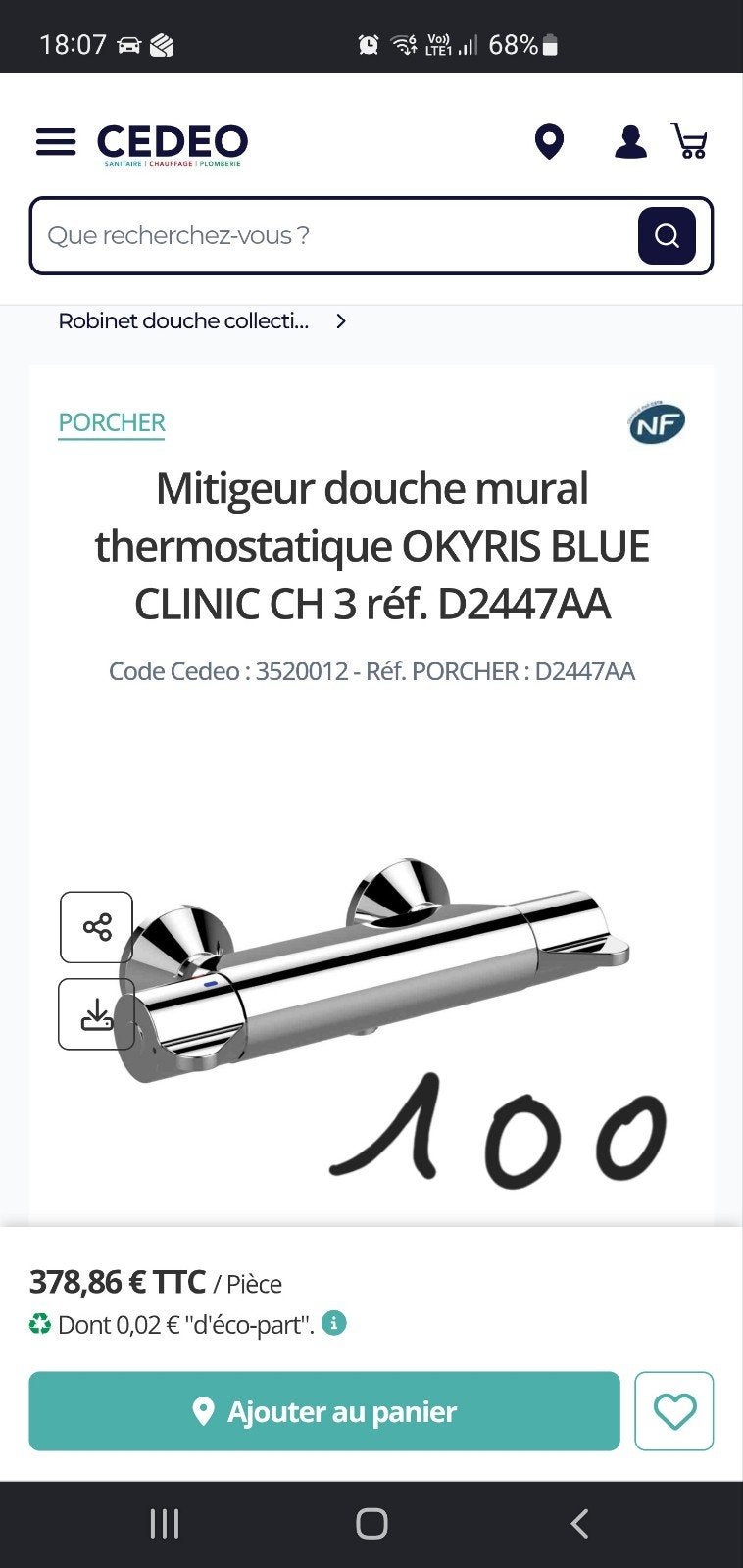 Mitigeur douche thermostatique PORCHER neuf, Bricolage & Construction, Sanitaire, Douche