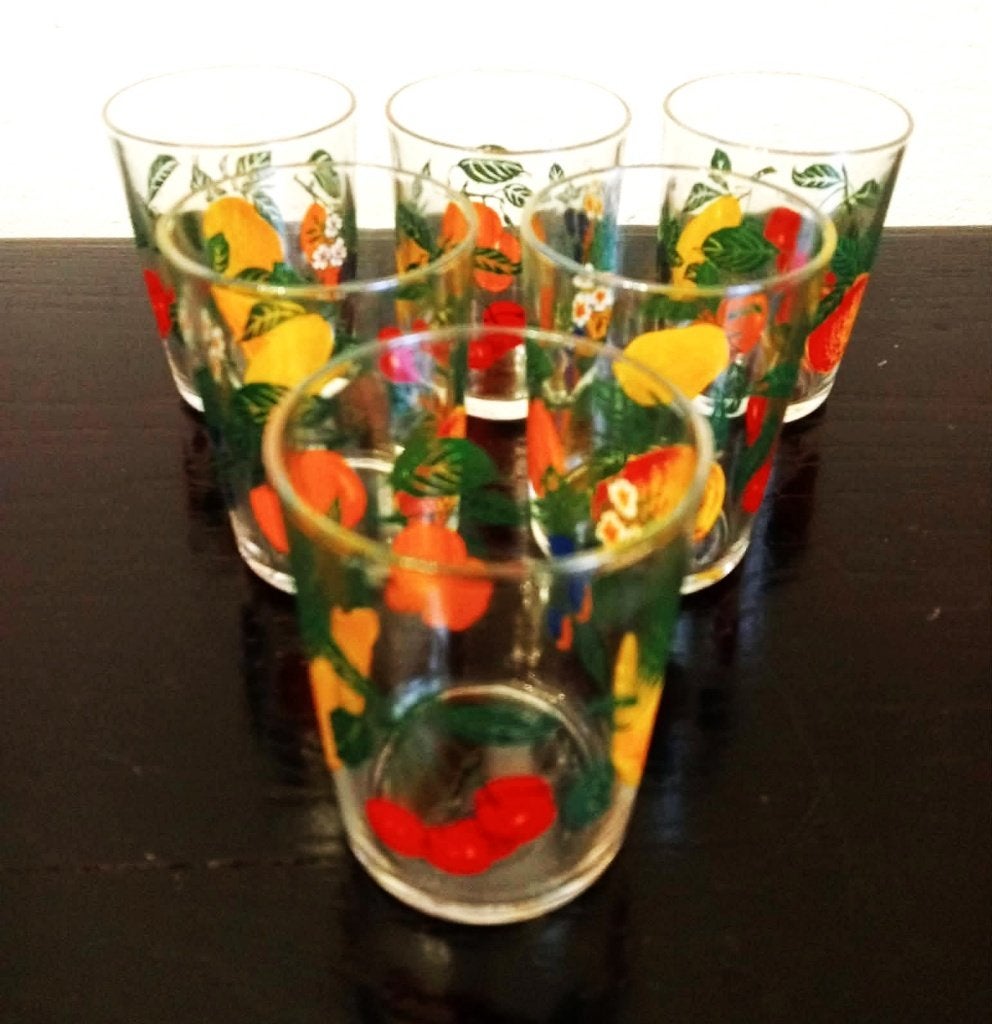 Frisdrank glazen met fruit decor, set van 6., Ophalen of Verzenden, Zo goed als nieuw, Frisdrankglas