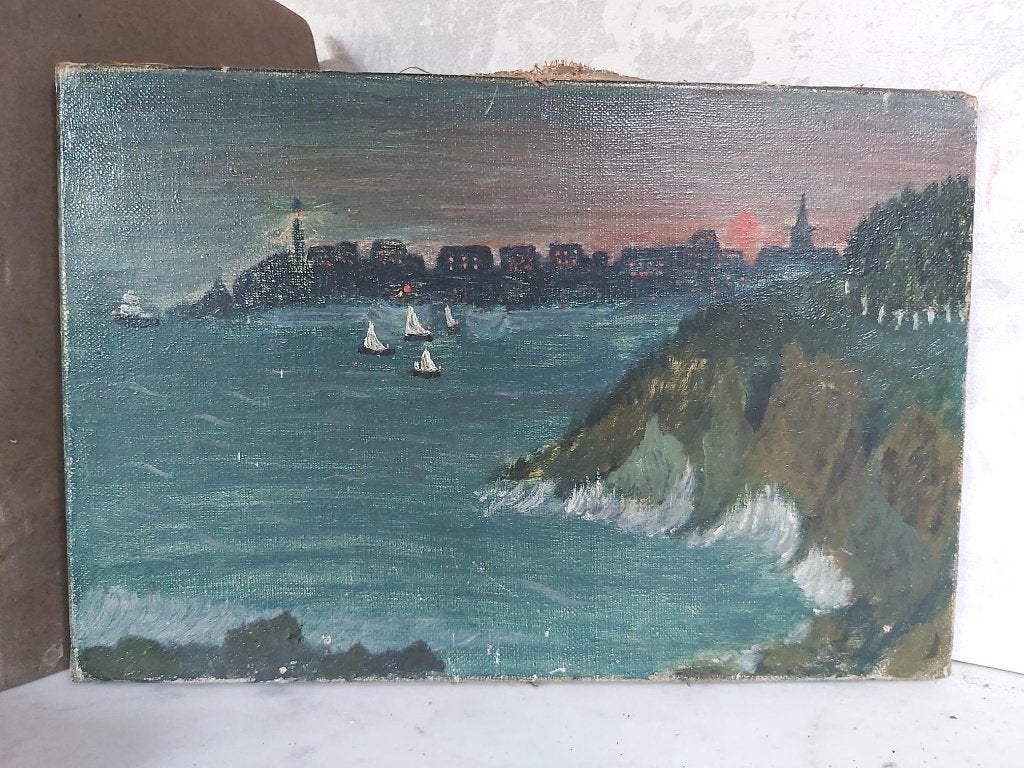 Prachtig oud donker schilderijtjes zeilbootjes olieverf doek, Antiquités & Art, Enlèvement ou Envoi, Peinture à l'huile, Toile