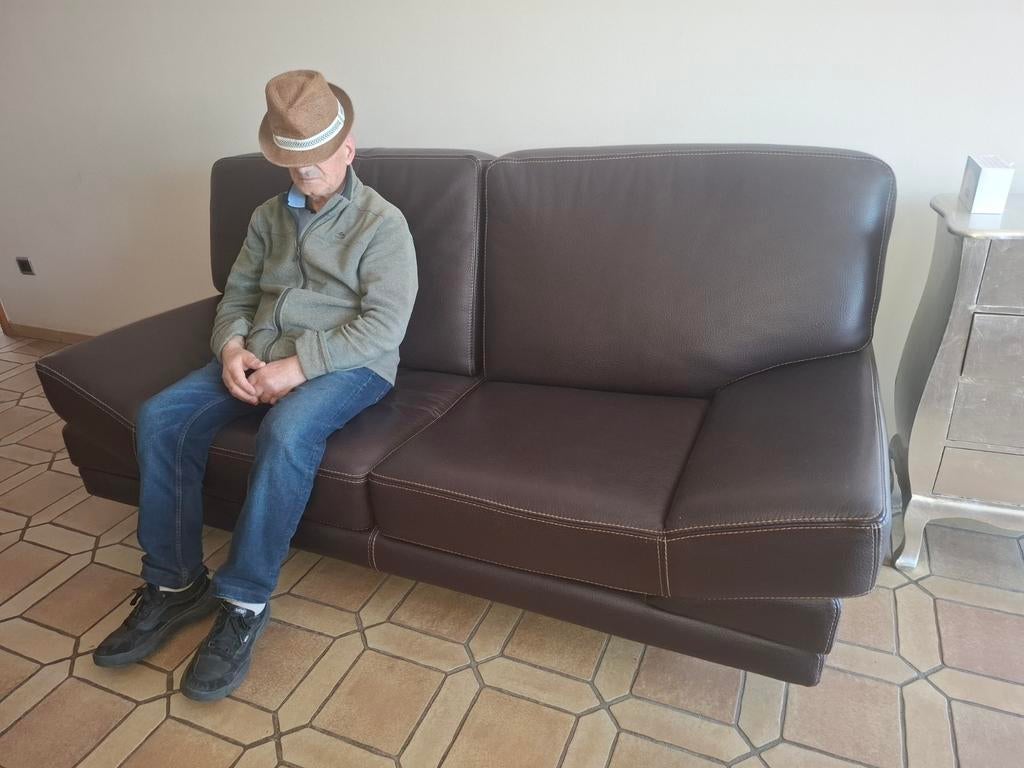 Canapé 2 et 3 place cuir brun foncé, 200 à 250 cm, Minimaliste, Banc droit, Comme neuf