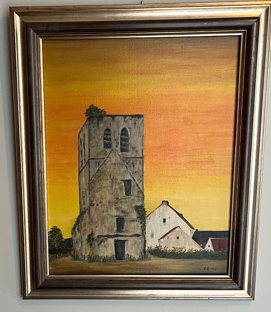 Schilderij - tafereel uit de Provence  - +/- 30 op 50 cm, Antiek en Kunst, Ophalen of Verzenden