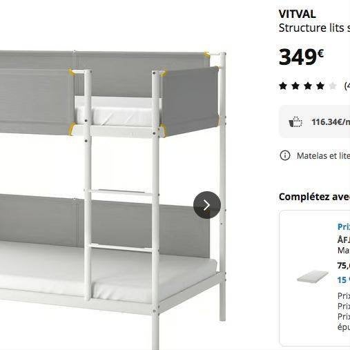 lit superposés Vitval Ikea + deux matelas 90x200, Ophalen, 210 cm, Tweepersoons, 180 tot 200 cm