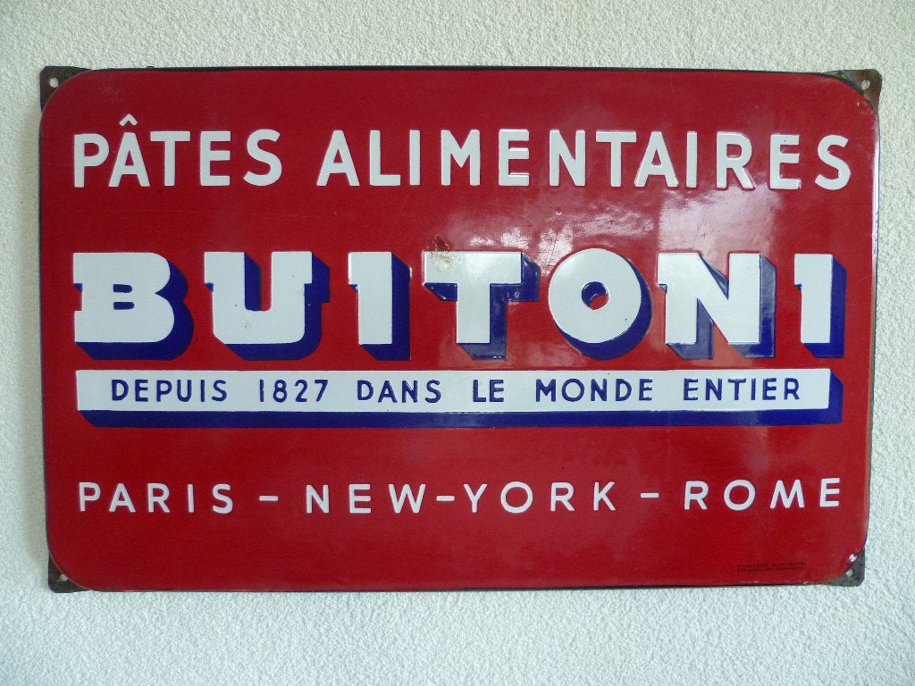 EMAILLE RECLAMEBORD"BUITONI PATES ALIMENTAIRES"UIT JAREN 50, Ophalen of Verzenden, Gebruikt, Reclamebord