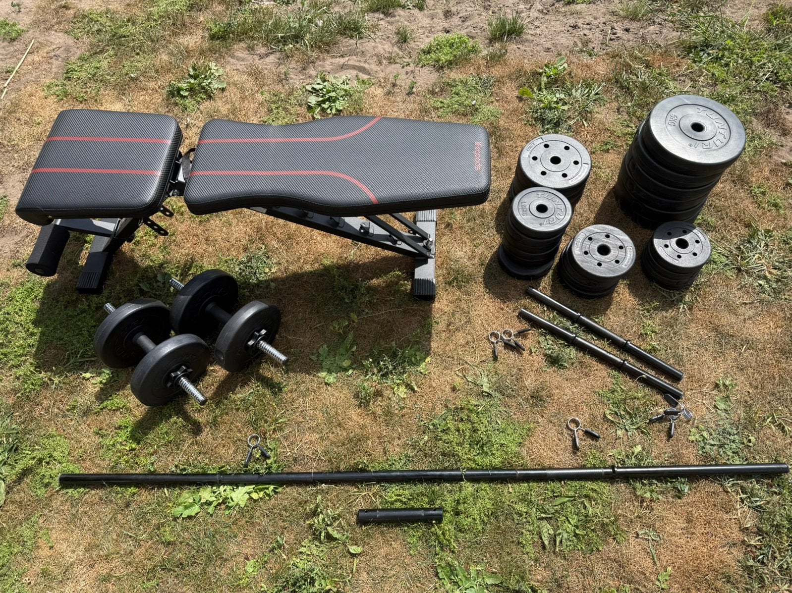 Ensemble complet de gym à domicile : banc, haltères, civièrs, Enlèvement, Comme neuf