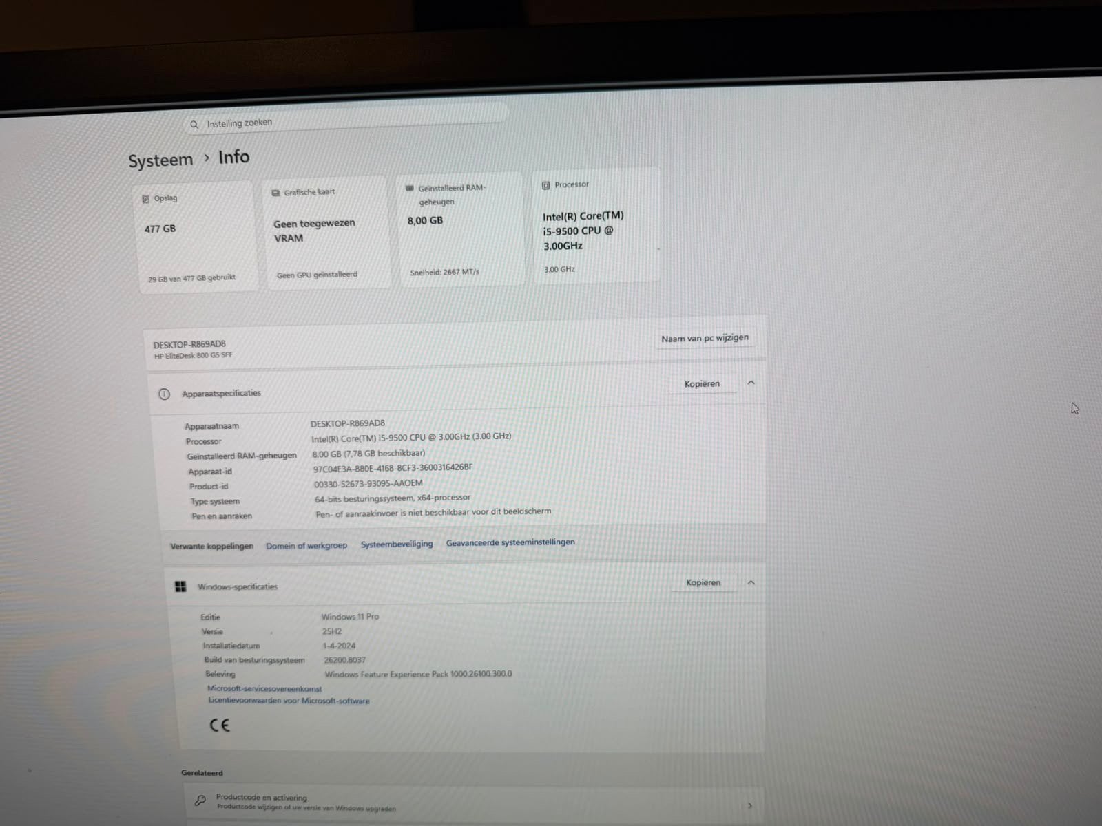 HP EliteDesk 800 G5 –i5-9500|8GB RAM|512GB SSD|Windows 11Pro, Computers en Software, Ophalen, Zo goed als nieuw, 8 GB, SSD