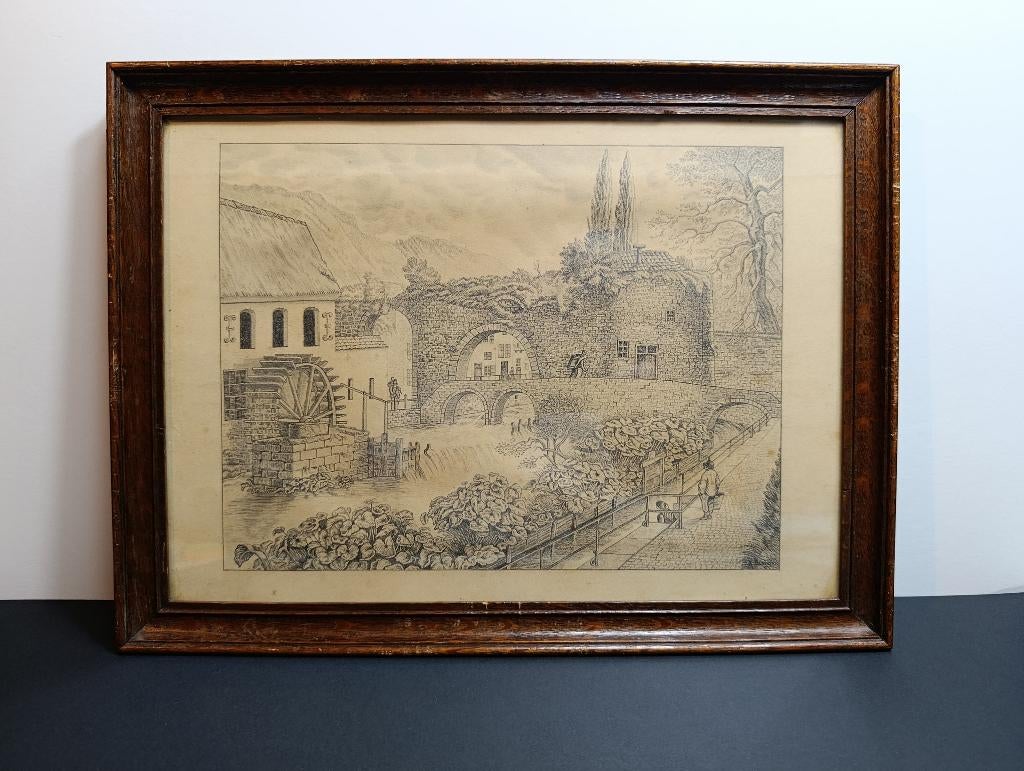 Gravure de Huy, Porte des Maillets., Antiquités & Art, Art | Eaux-fortes & Gravures, Gravure, Signé, Encadré, Architecture, 1800 - 1899
