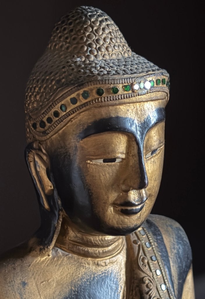 Oud houten Mandalay Boeddhabeeld - Birma 1950, Antiek en Kunst, 40 cm, Ophalen of Verzenden, Gesneden, Overige herkomsten