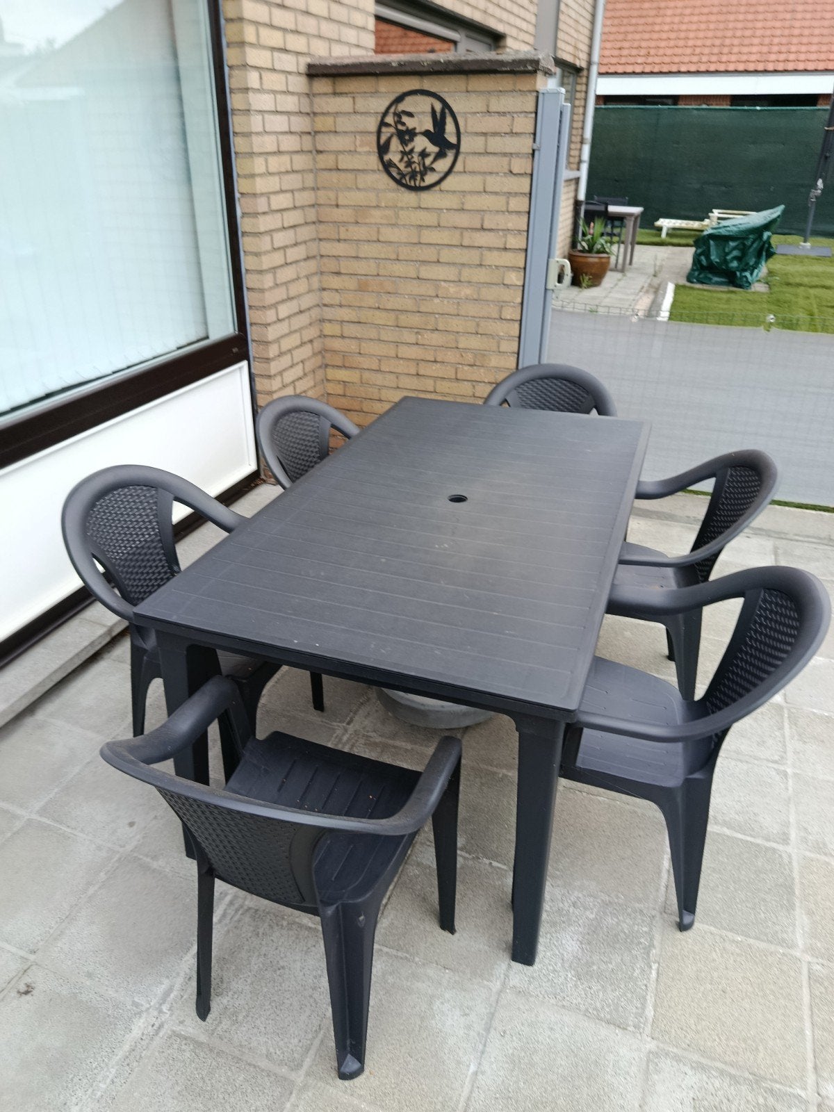 tuin set tafel 6 stoelen met kussens, Ophalen, Kunststof, 6 zitplaatsen, Zo goed als nieuw