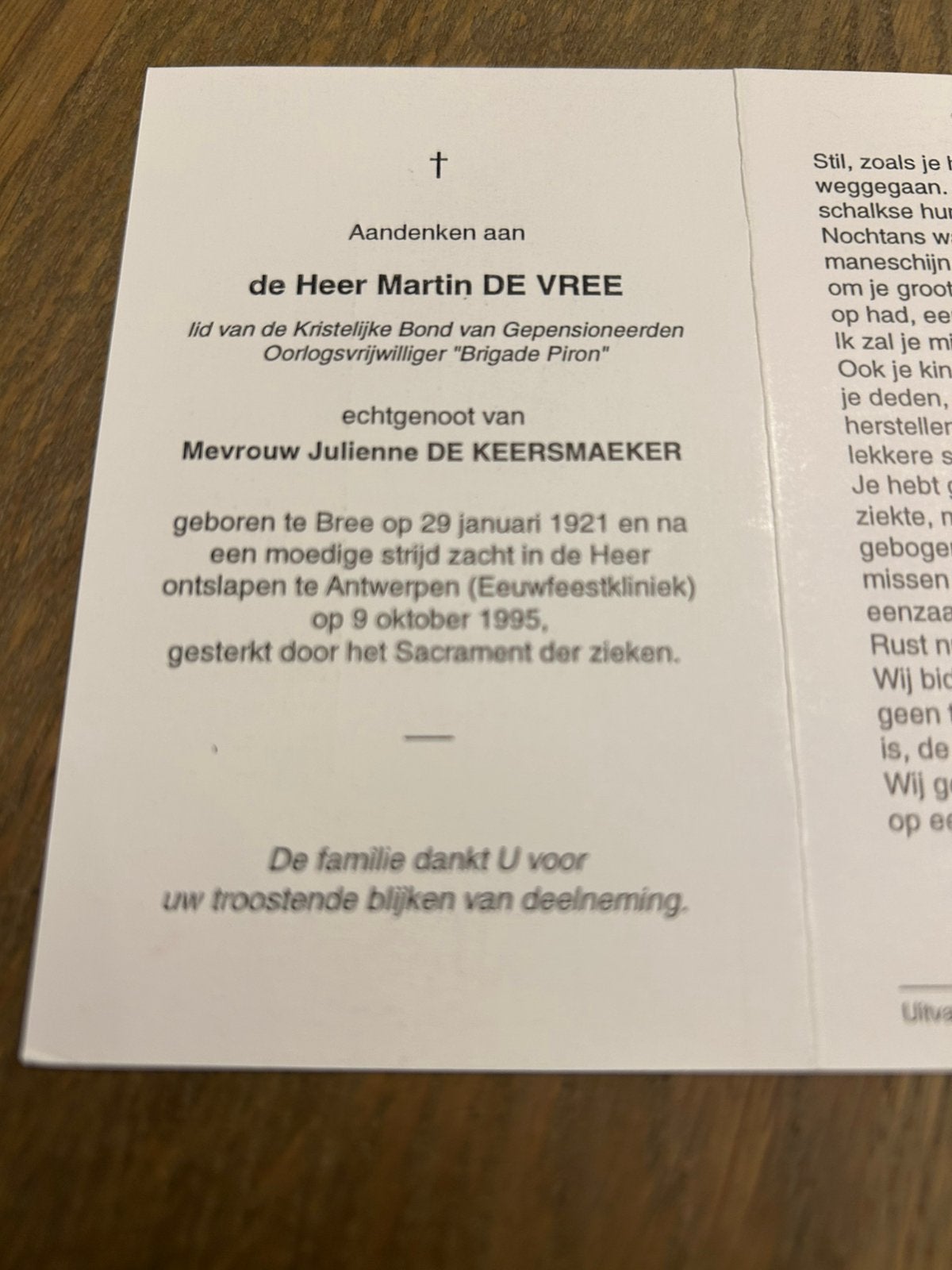 Rouwkaartje oorlogsvrijwilliger Brigade Piron, Collections, Enlèvement ou Envoi