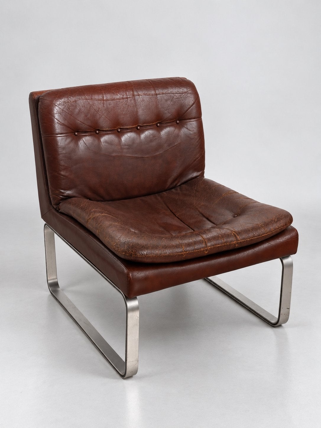Fauteuil lounge vintage années 70 – skaï cognac & aluminium, Enlèvement ou Envoi, Utilisé