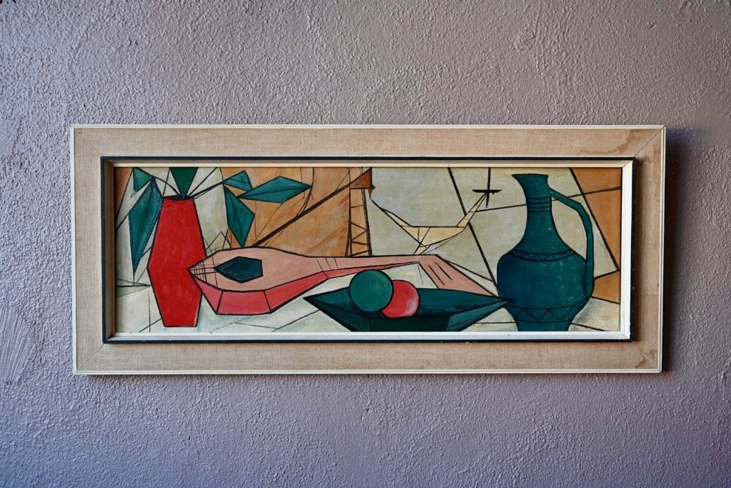 Nature Morte cubiste huile sur toile années 1950, Moins de 50 cm, Enlèvement, Utilisé, Peinture