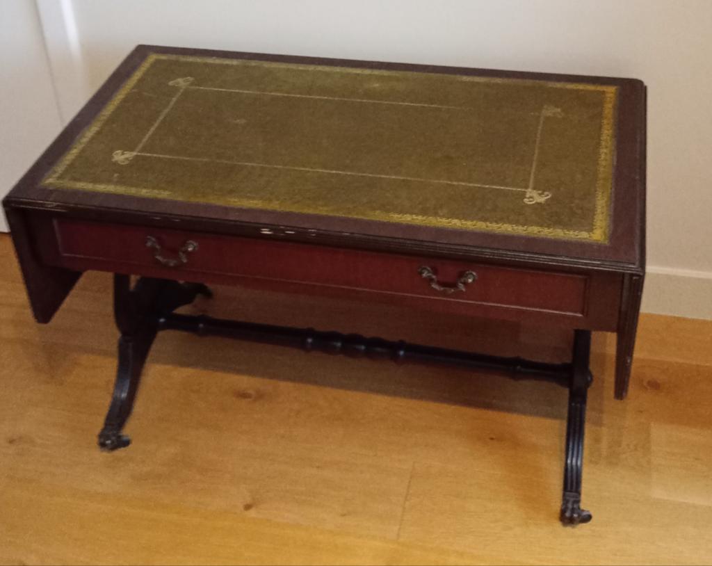 Table basse vintage anglaise sur roulettes, pliable, cuir, Enlèvement