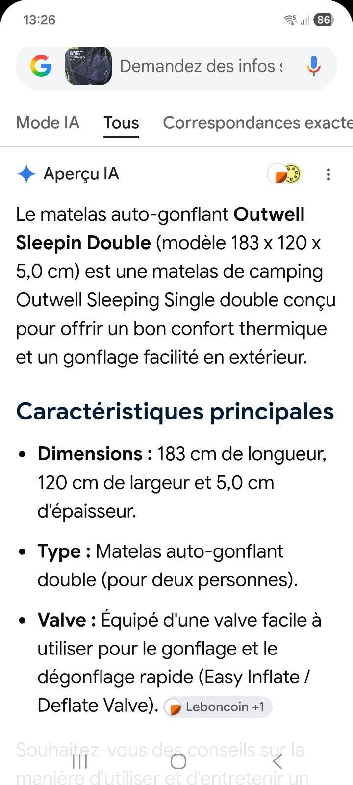matelas auto-gonflant, Enlèvement, Utilisé, Accessoire de mobilier de camping