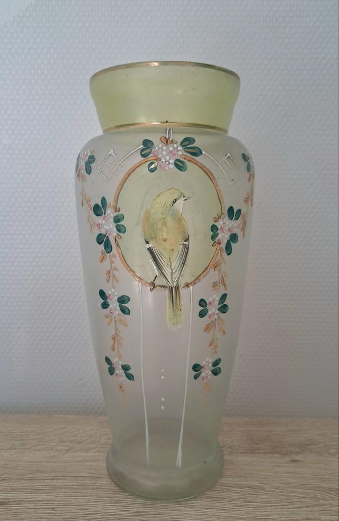 Vase verre dépoli émaillé mésange Art Nouveau Legras ?, Enlèvement ou Envoi