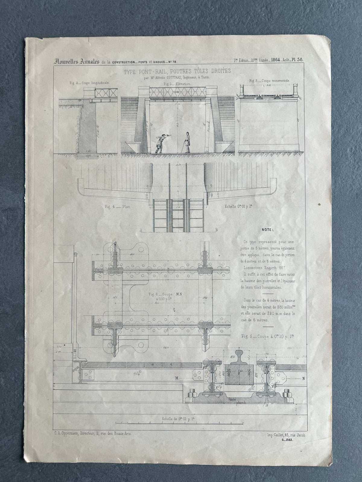 Gravure ancienne 1864 – Pont ferroviaire – Chemin de fer, Gravure, 37 cm, Architecture, 26 cm