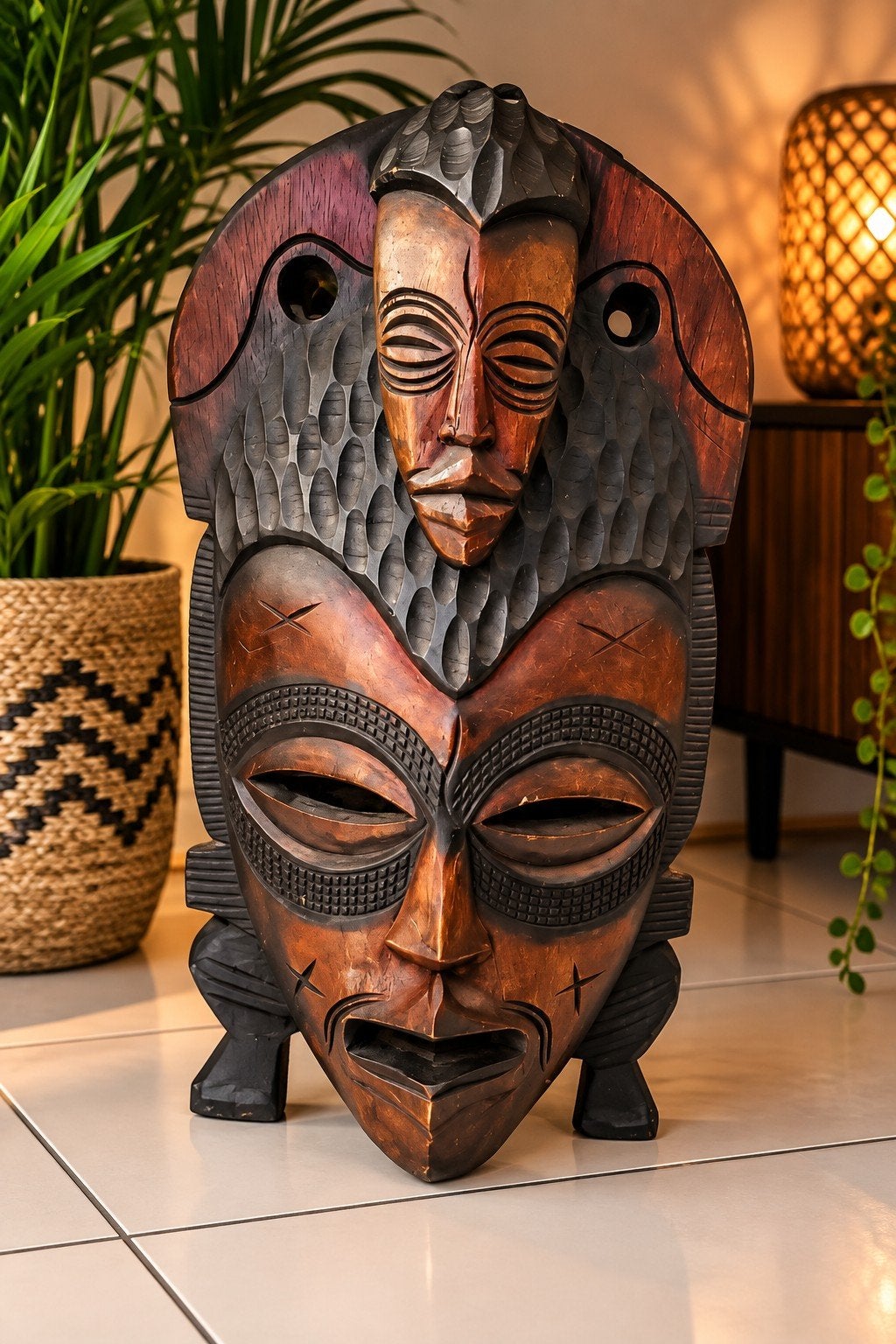 Groot Afrikaans decoratief houten masker – handgesneden – bi, Ophalen