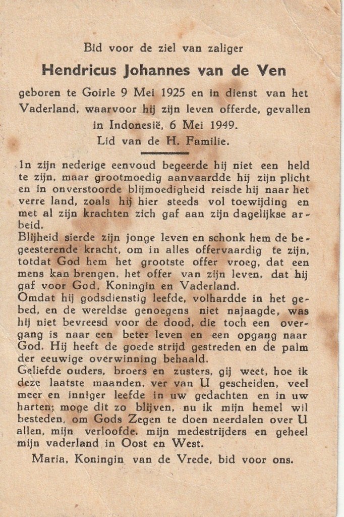 Gesneuvelde Indonesië 1949 Hendricus van de Ven, Verzamelen, Ophalen of Verzenden