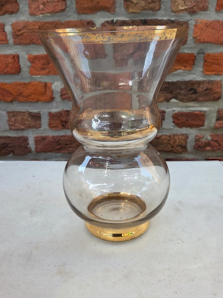 Vintage glazen vaas / windlicht met gouddecoratie –  26 cm, Ophalen