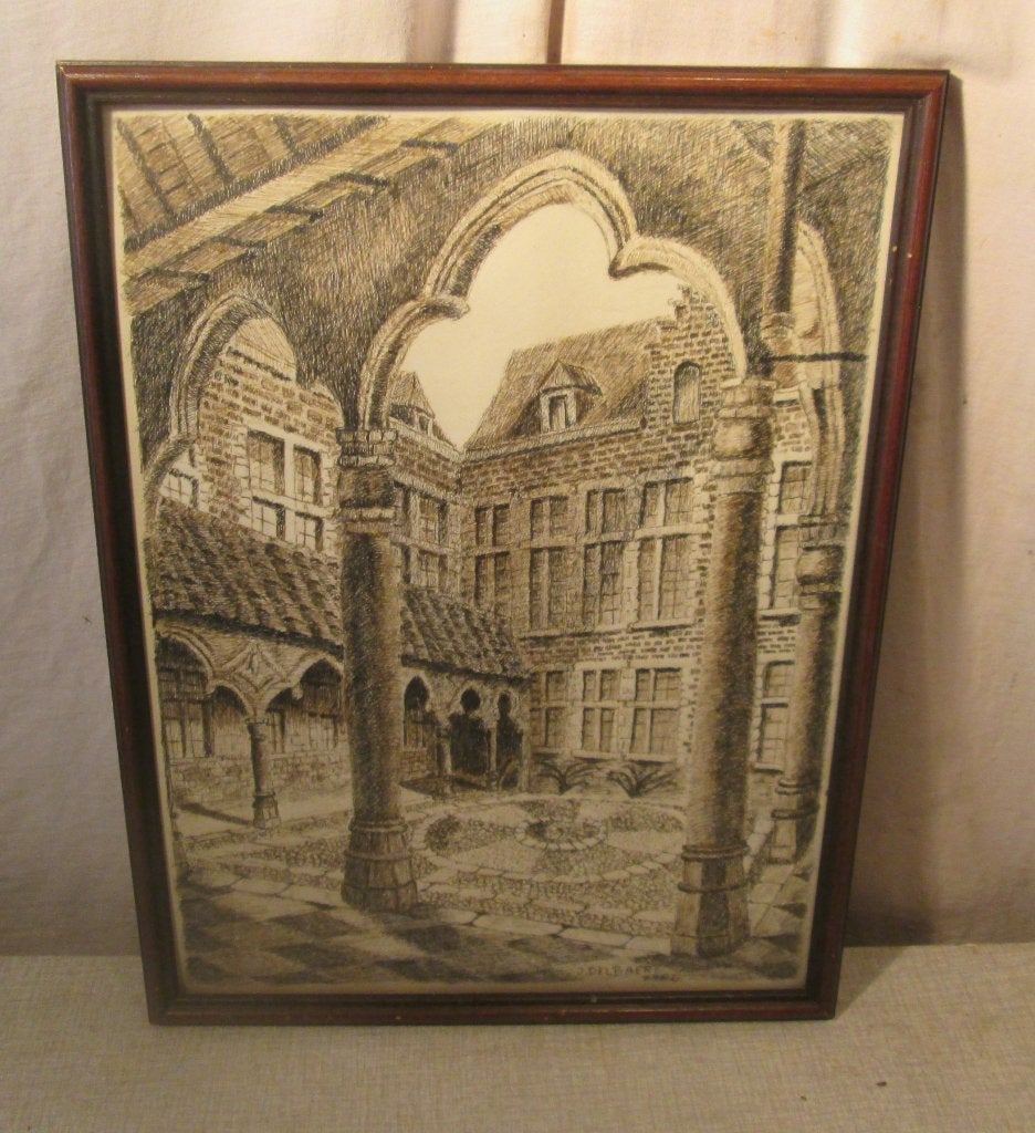 Joli dessin ancien « Sur le Binnencourt » - J Delbaere, Antiquités & Art, Enlèvement ou Envoi, Dessin, Fait main