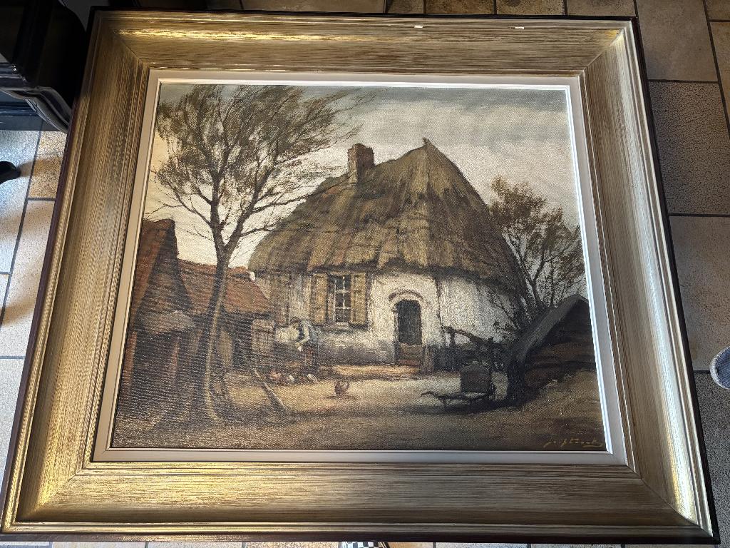 Groot landelijk schilderij – hoeve met rieten dak, Antiek en Kunst, Ophalen