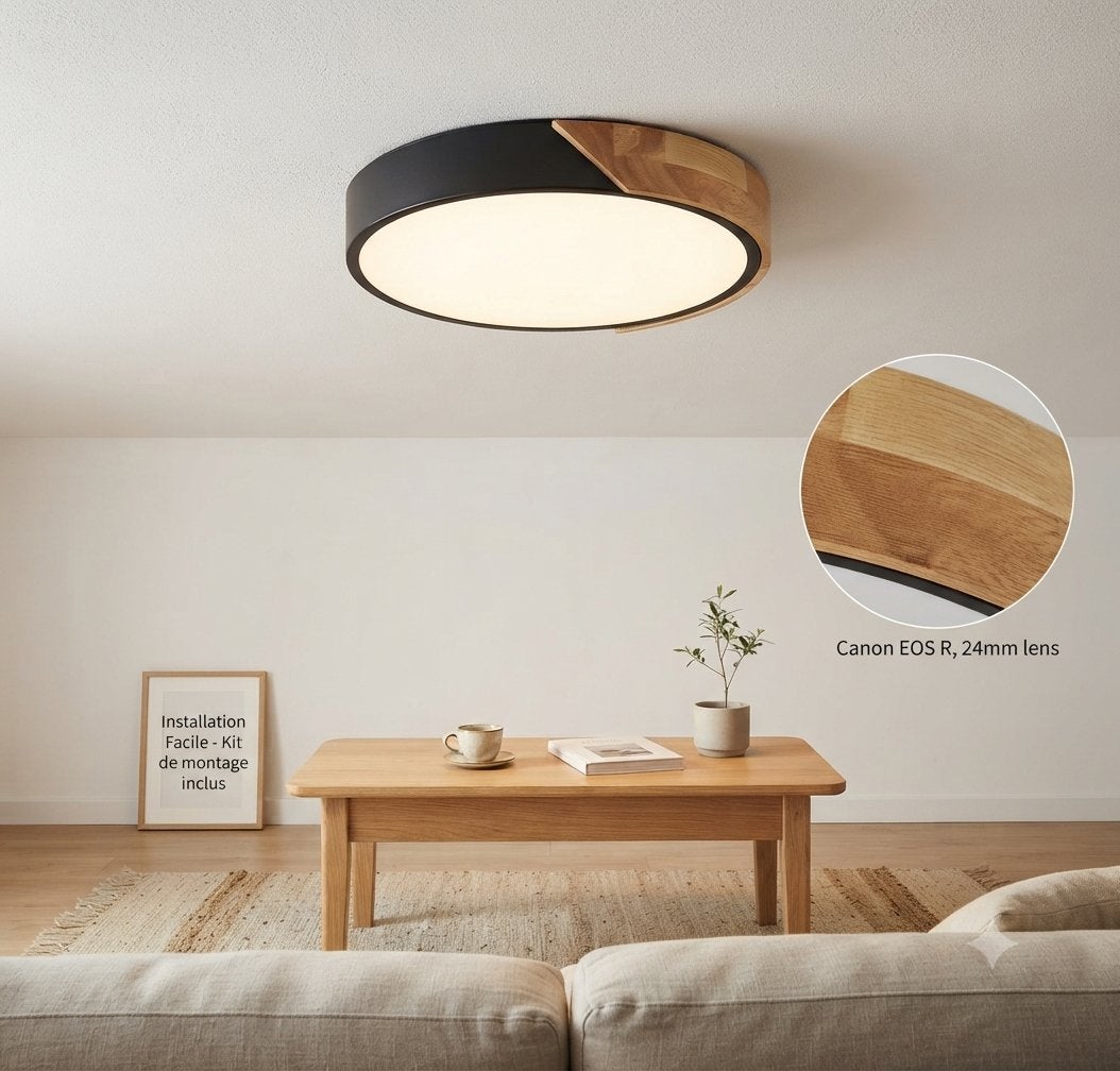 Plafonnier design moderne – Effet bois et métal noir, Maison & Meubles, Enlèvement ou Envoi, Design, Noir, Comme neuf