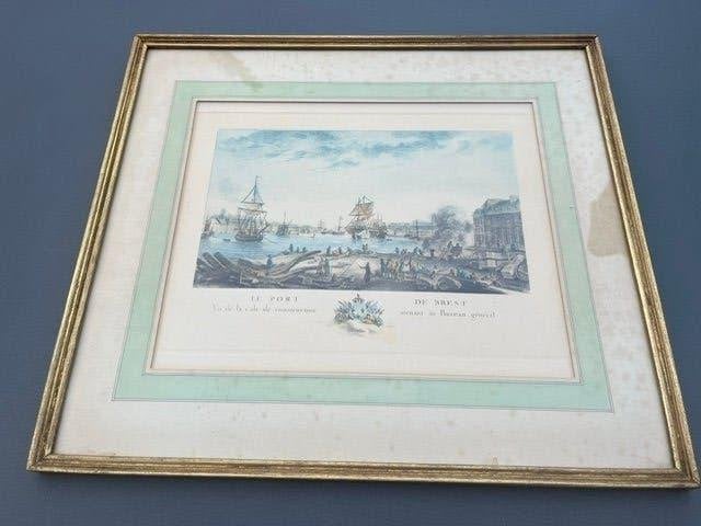 Set Ingelijste Franse Havenprenten – Le Gouaz / Ozanne, Encadré, 39 cm, 35 cm, Vue urbaine