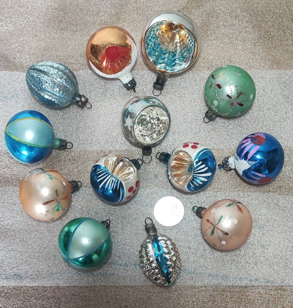 Set van 13 oude kleine glazen kerstballen, Diversen, Ophalen of Verzenden, Gebruikt
