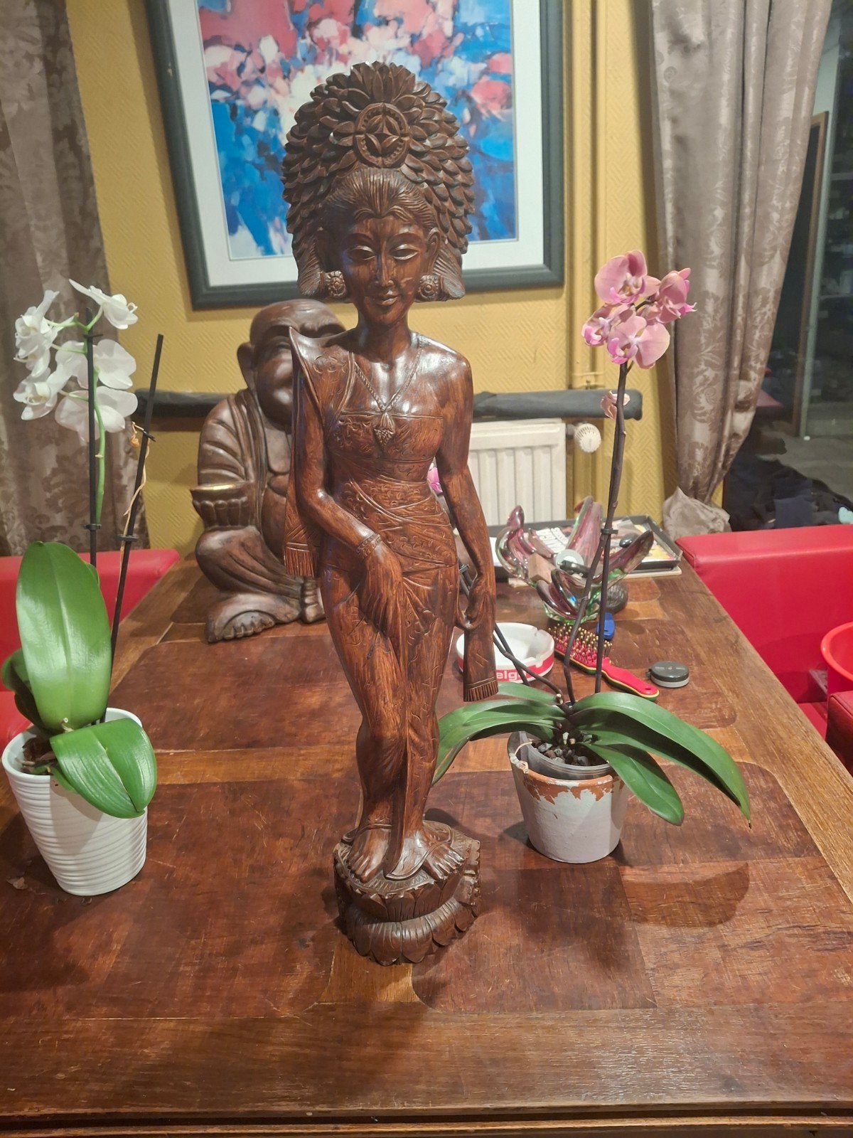 Indische Balinese houten vrouw 70 cm, Ophalen, Beeld, Hout, Bruin