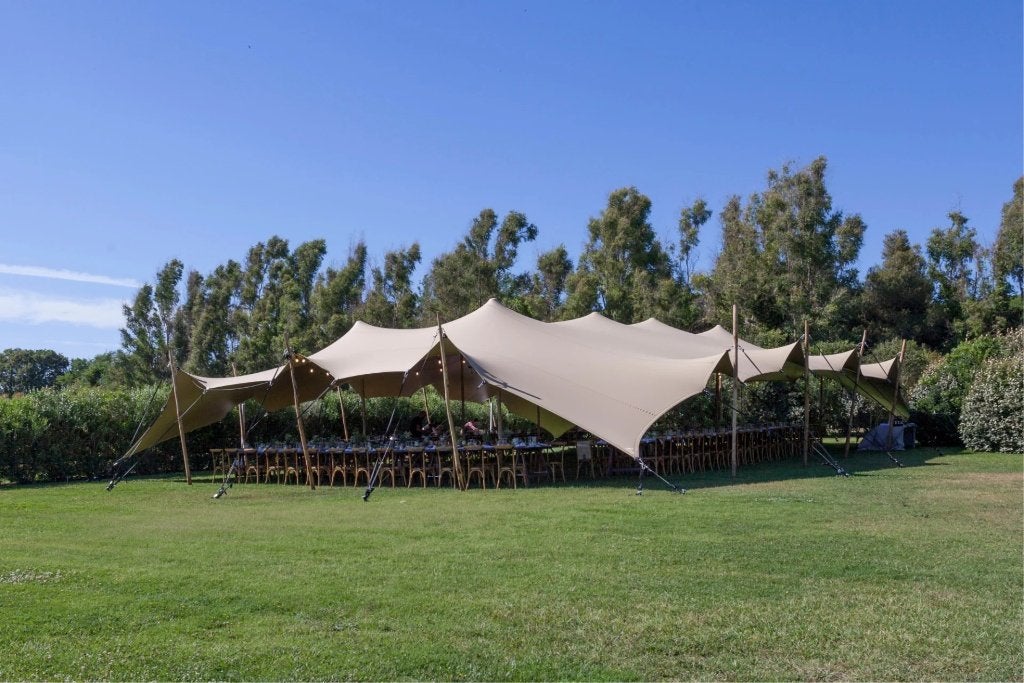 Stretchtent 15 x 20m mete klemmen Zand/Zand, Tuin en Terras, Opvouwbaar, Overige typen, 6 meter of meer, Nieuw