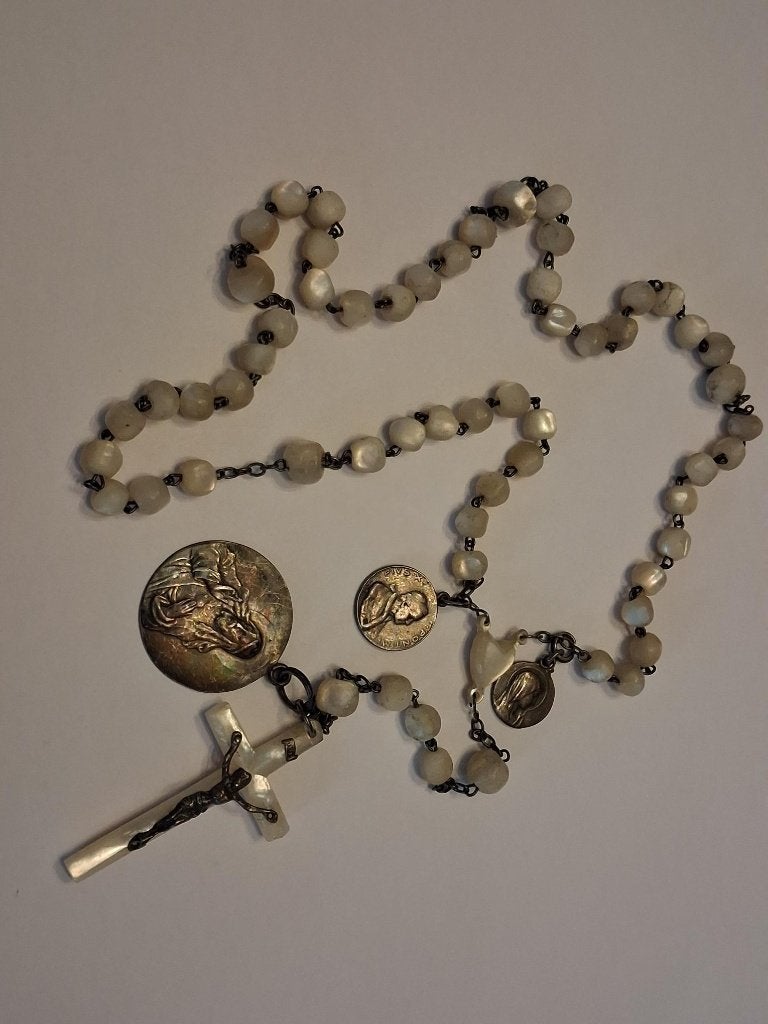 Antieke rozenkrans (ca. 1910–1914): parelmoer, zilver, Verzamelen, Ophalen, Gebruikt, Sieraad, Christendom | Katholiek