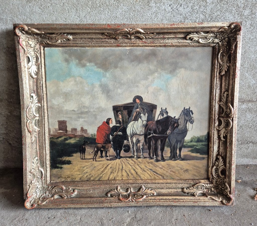 Schilderij Paarden met koets, Antiek en Kunst, Ophalen, Doek, Olieverf, Overige onderwerpen