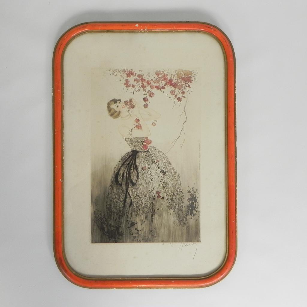 Litho Jean Hardy met dame en bloemen in stijl Louis Icart, Ophalen of Verzenden