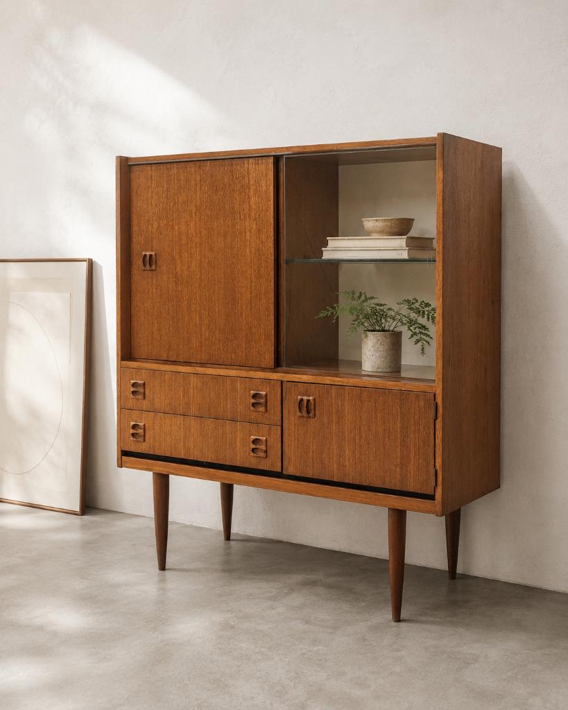Modern teakhouten compact highboard, Huis en Inrichting, Kasten | Buffetkasten, Ophalen, Teakhout