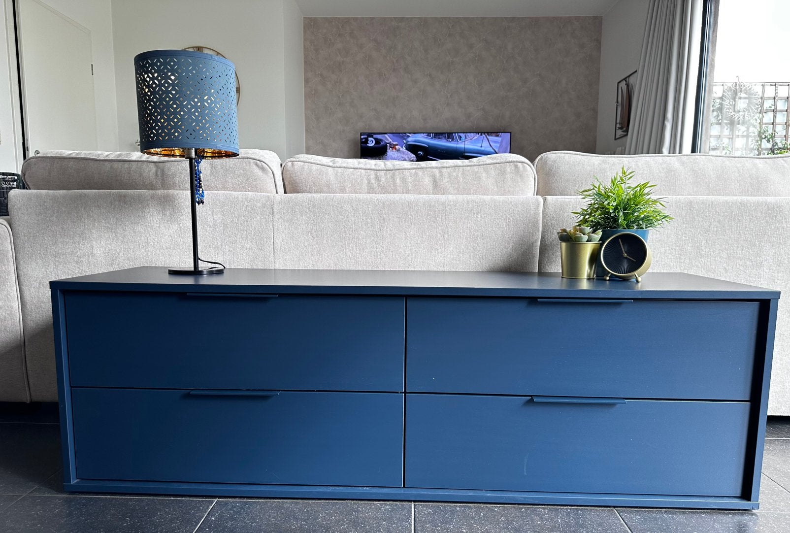 Donker petrolblauwe tv-kast – 160 x 45 x 50 cm – 4 lades, Ophalen, Gebruikt