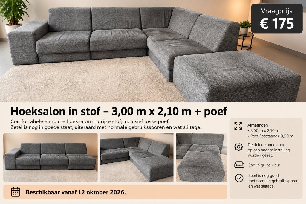 Hoeksalon in grijze stof + bijhorende poef, Huis en Inrichting, Ophalen, Gebruikt, Stof, Modern