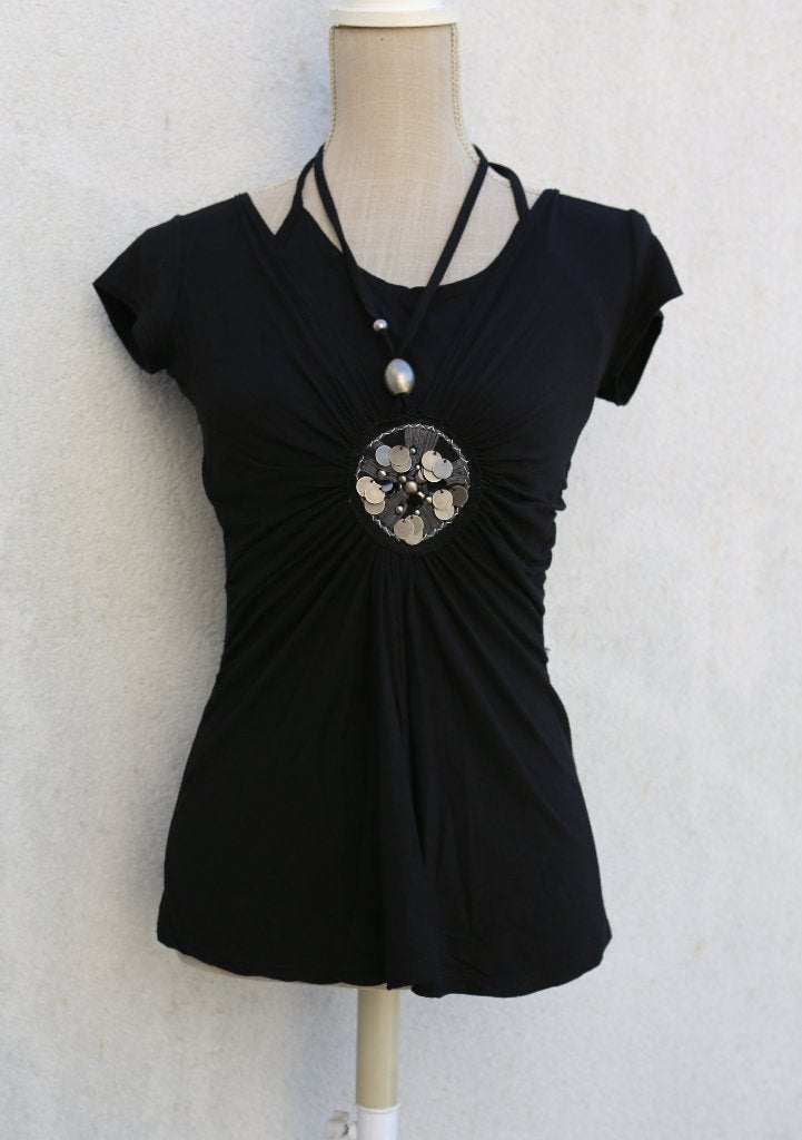 Mooie originele zwarte blouse L, Maat 38/40 (M), Maille Demoiselle, Zwart, Ophalen of Verzenden