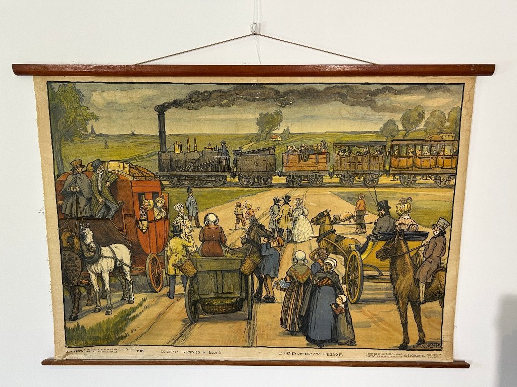Affiche didactique scolaire -  1er chemin de fer en Belgique, Antiquités & Art, Enlèvement ou Envoi, Histoire