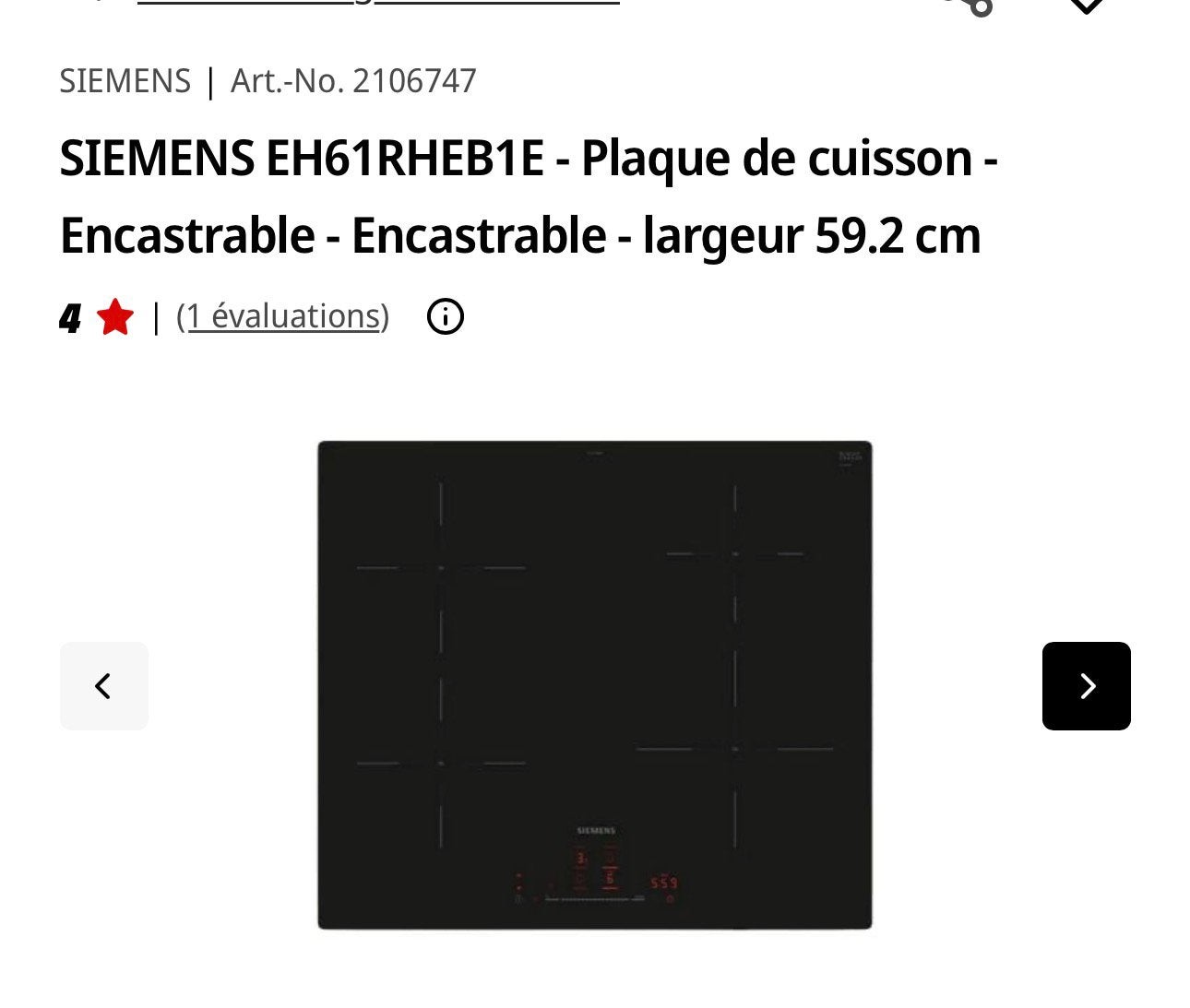 Siemens EH61RHEB1E - Plaque de cuisson - Encastrable, Enlèvement, Neuf, Encastré