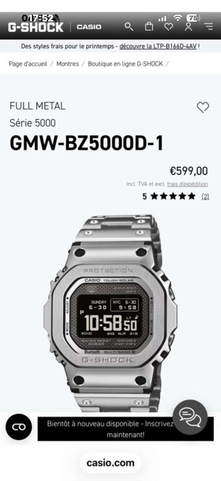 Casio GMW-BZ5000D-1, Gebruikt, Staal, Ophalen of Verzenden, Staal