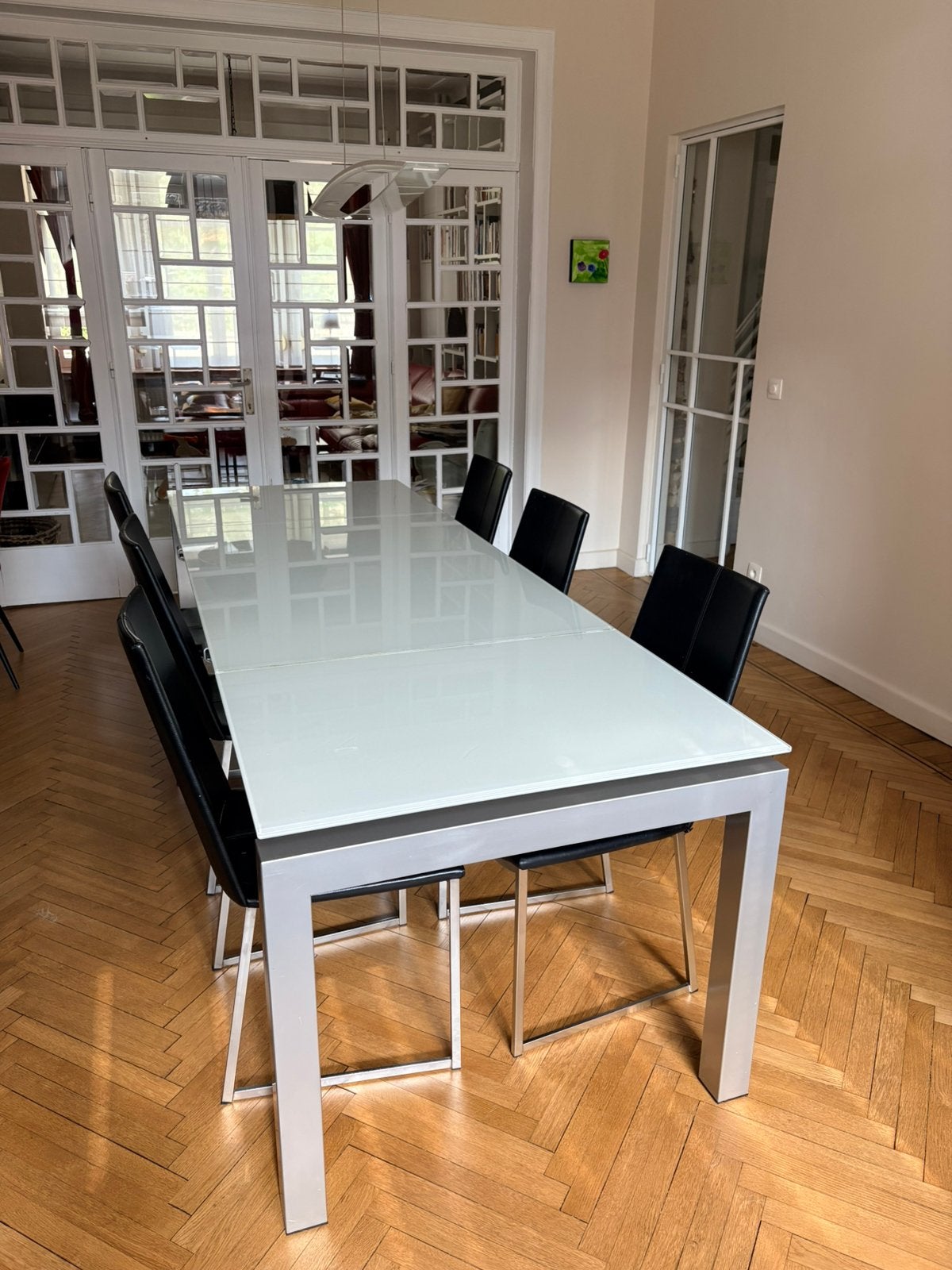Designtafel Calligaris + 6 stoelen van echt leer, Huis en Inrichting, Ophalen, Gebruikt, Glas, 200 cm of meer