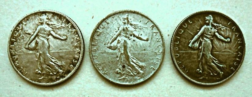 Monnaie France 3 x 2 francs argent non nettoyées., Envoi, France, Monnaie en vrac, Argent