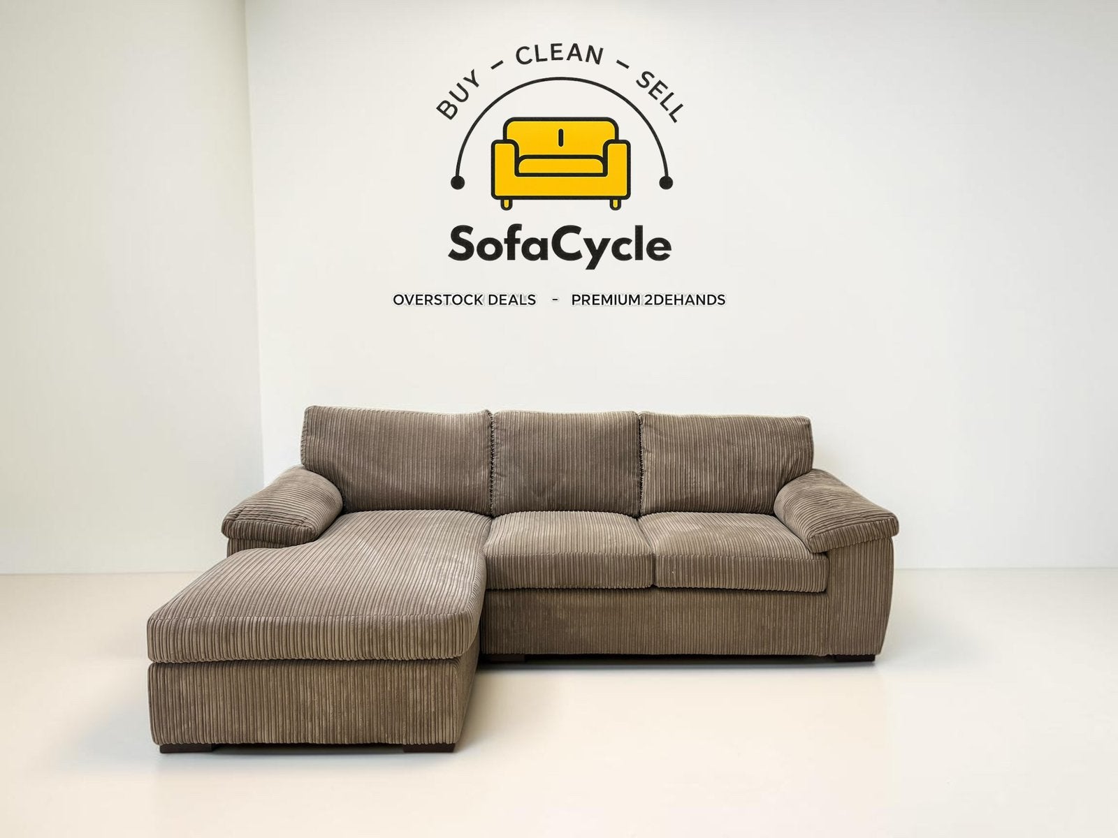 Chaise d'angle côtelée marron, coin L — overstock, Neuf, Enlèvement ou Envoi, SofaCycle, Info@sofacycle.be