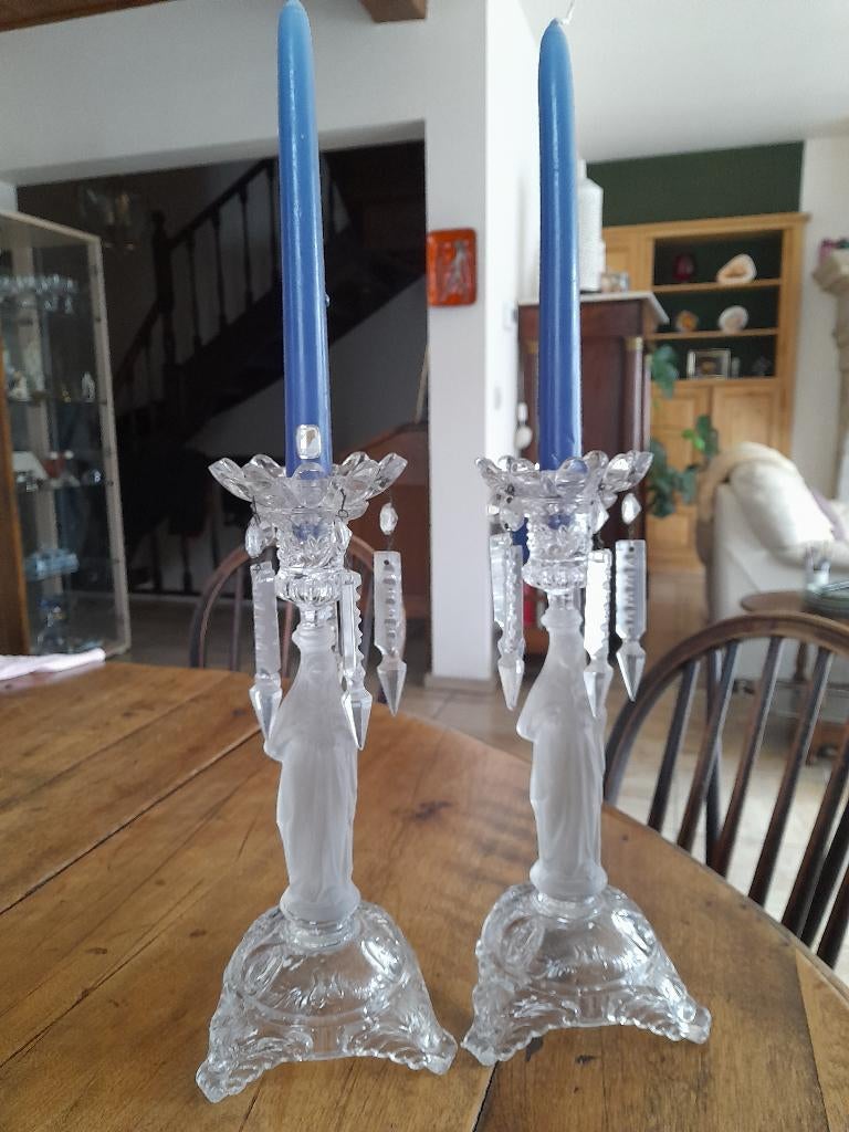 2 kandelaars in glas met pampilles en kaarsen, Ophalen of Verzenden, Glas