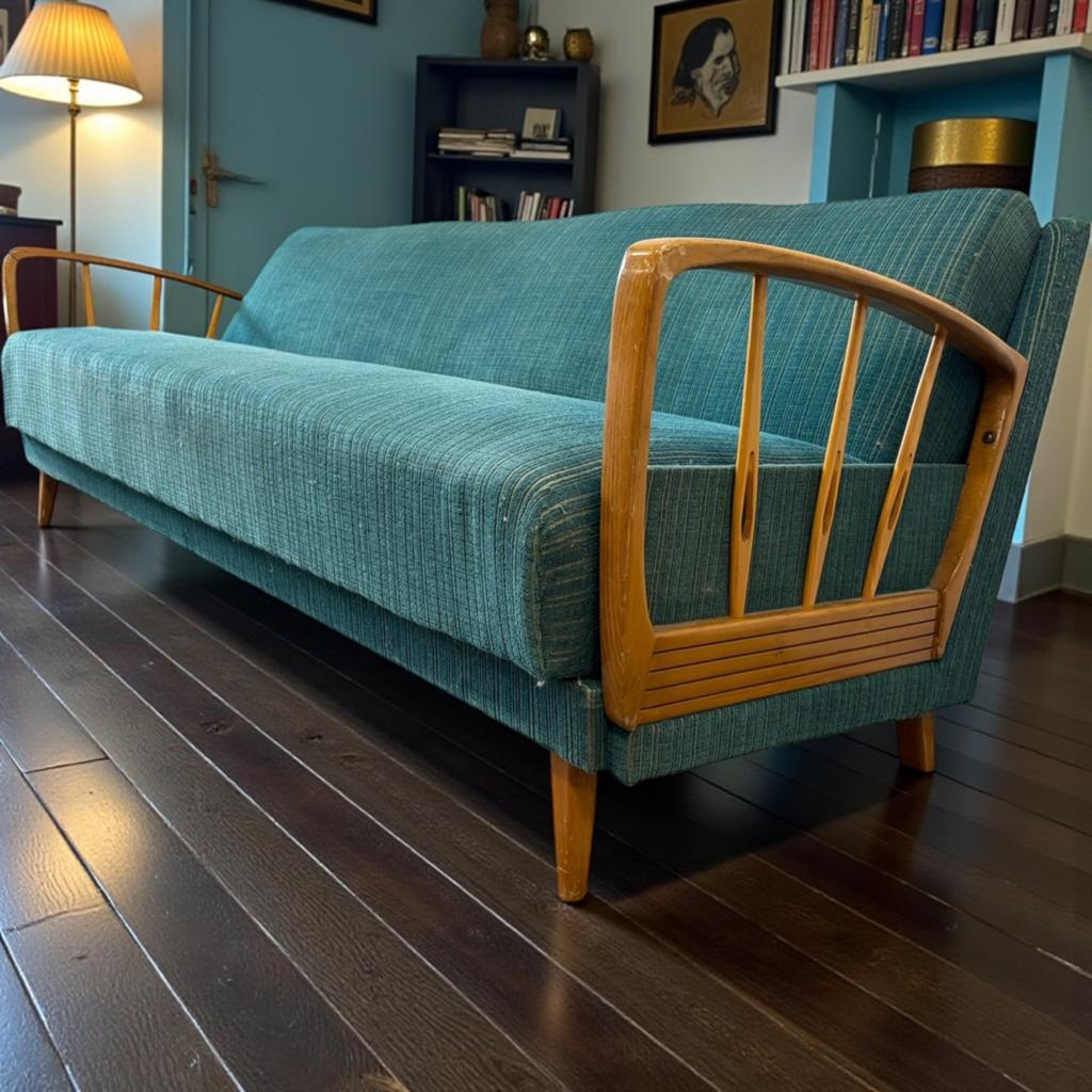 Vintage blauw/groene stoffen slaapbank / sofa / zetel, Verzenden, Gebruikt, Blauw