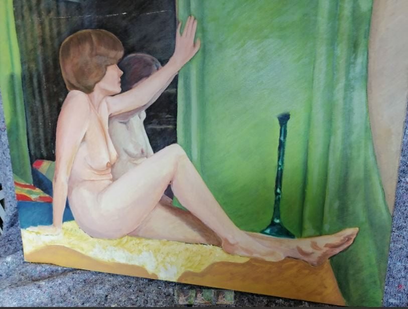 vintage naakt Legein 80er jaren op canvas (2), Ophalen, Doek, Portret of Personen, Olieverf