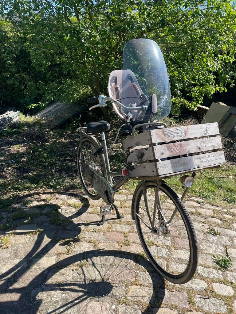 Moederfiets met stoeltje vooraan en bak, Terugtraprem, Gebruikt, Mandje, 1 zitje
